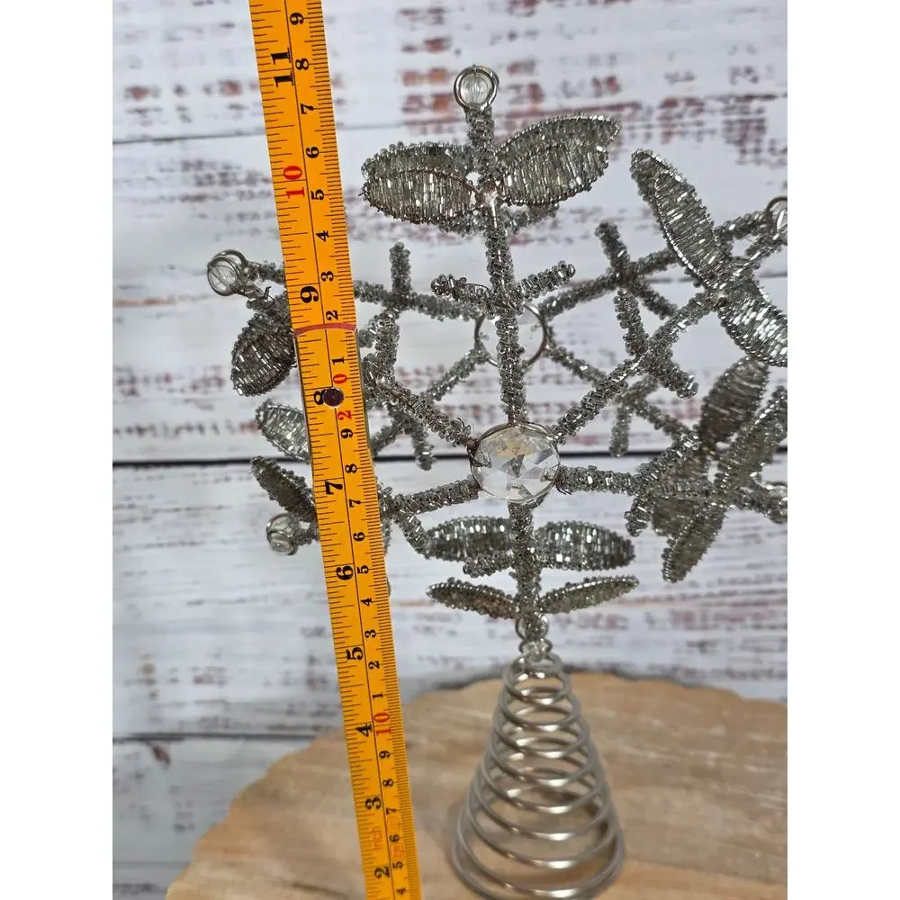 VTG Silver Beaded Metal Sparkle Star Snowflake Roud Tree Topper
